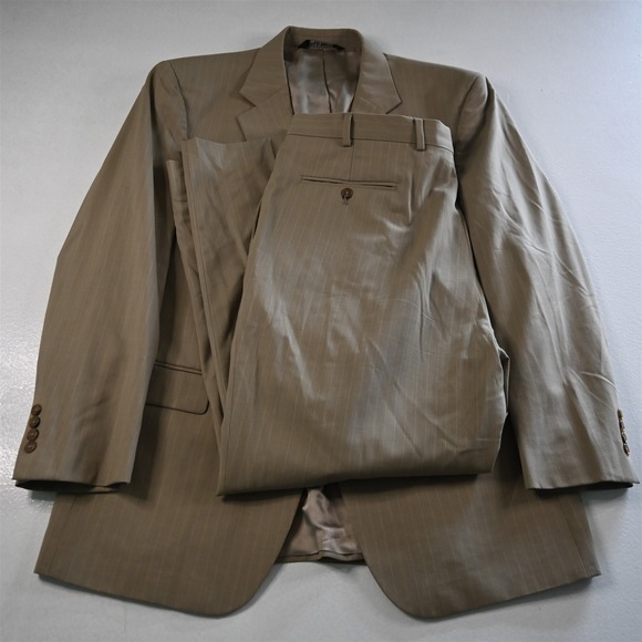 Jos A Bank 44R 38x30 Beige Khaki Stripe 100% Wool Mens Jacket Pants Suit